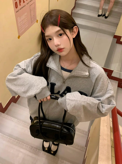 Korean Flocked Embroidery Polo Sweatshirt Heavy Half-Zip Fleece Jacket