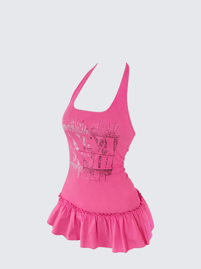 Pink Halter Backless Dress