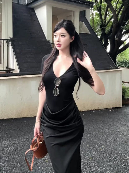 Korean-Style Black V-Neck Ruched Short-Sleeve Casual Bodycon Midi Dress