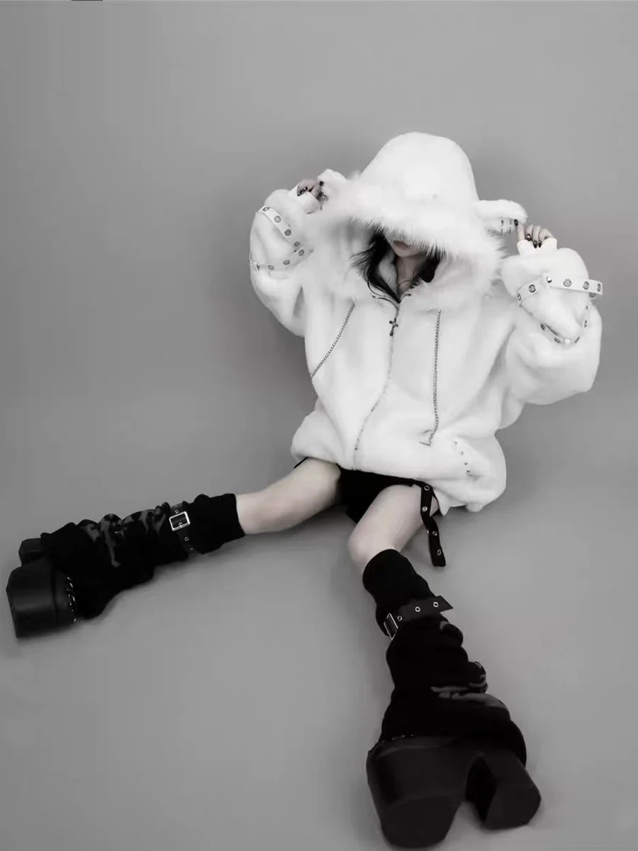 Y2K Lamb Ear Faux Fur Coat