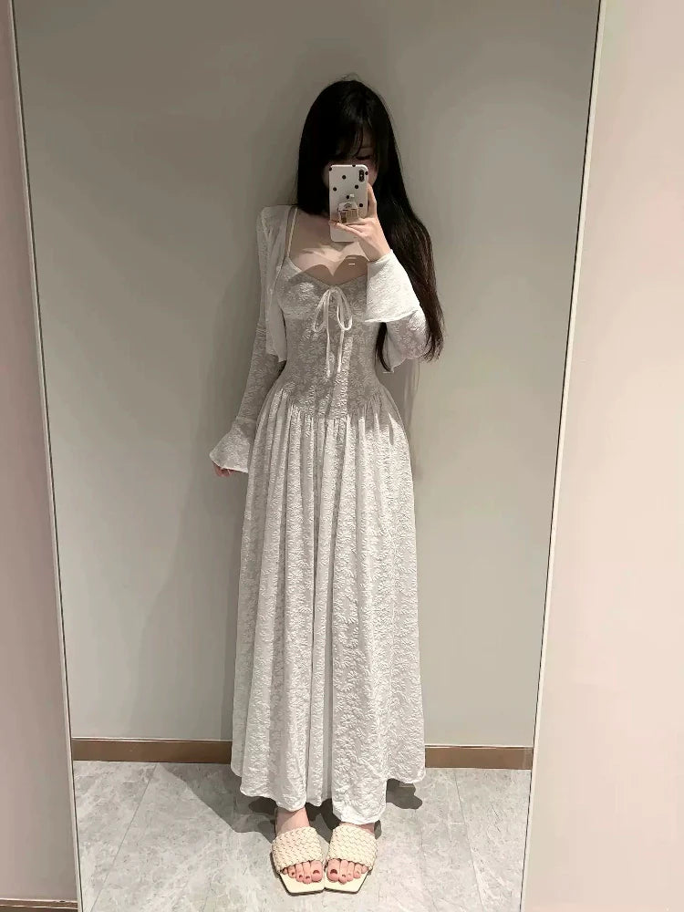 French White Lace Jacquard Cardigan & Slip Dress Set