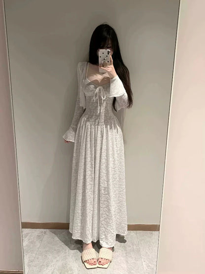 French White Lace Jacquard Cardigan & Slip Dress Set