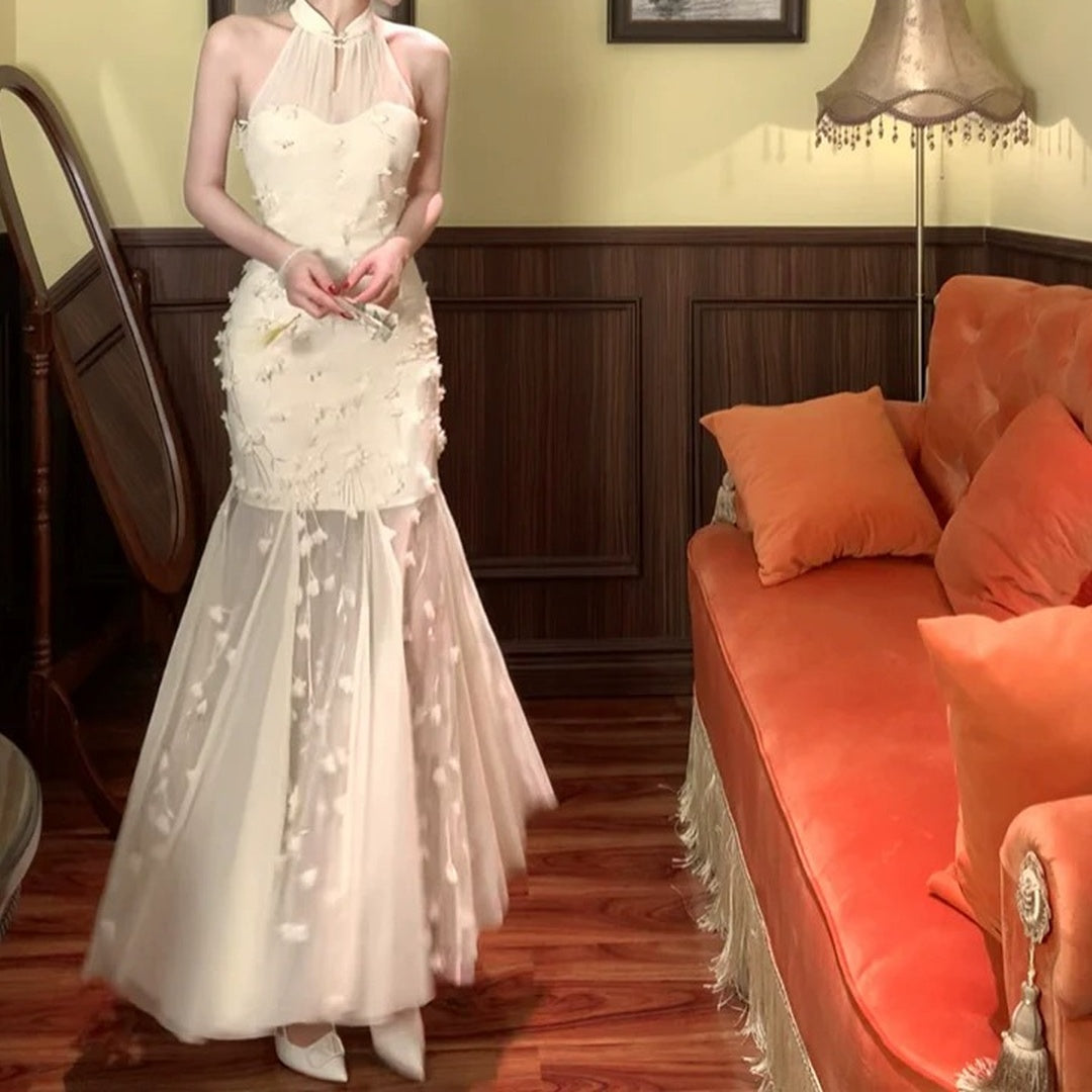 Modern Chinese Embroidered Mesh Mermaid Gown Dress – Unique National Style Dress