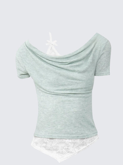 American Cute Lace Faux Two-Piece Tee