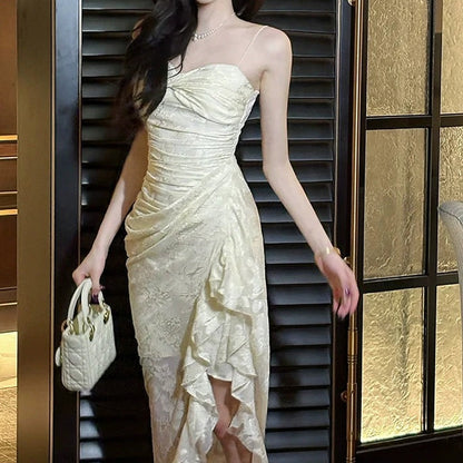 French Vintage Lace Bustier Ruffle Gown Dress