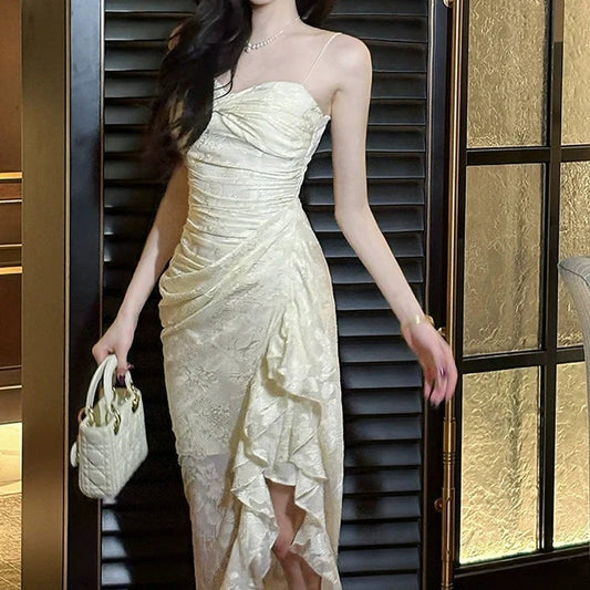 French Vintage Lace Bustier Ruffle Gown Dress