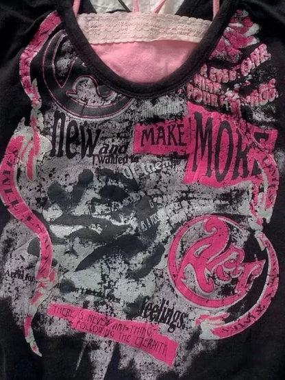 Black Subculture Punk Y2K Abi E-girl American Retro Print Fake Two-Piece Short Sleeve Top