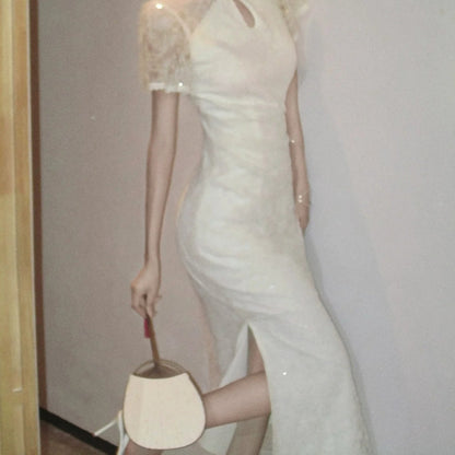 Modern Chinese Lace Cutout Sleeveless Gown Dress – National Style Evening Dress