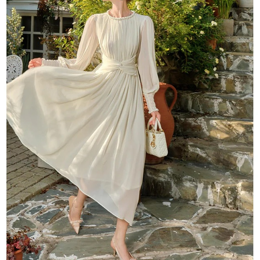 French Knot Waist Long Sleeve Chiffon Gown Dress