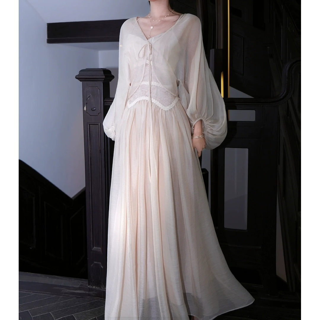 French Waist Spaghetti Strap Loose Chiffon Set Gown Dress