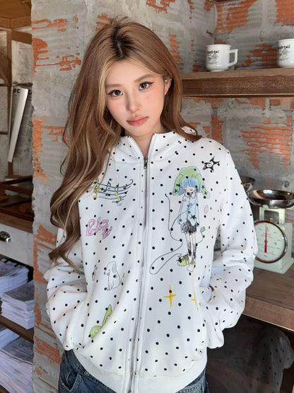 Light Y2K Devil Horn Hoodie Polka Dot Zip Top