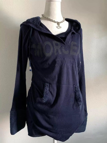 Dark Blue Lamb Wool Patchwork Hoodie Subculture Punk Y2K E-girl Retro Autumn/Winter Hooded Sweatshirt