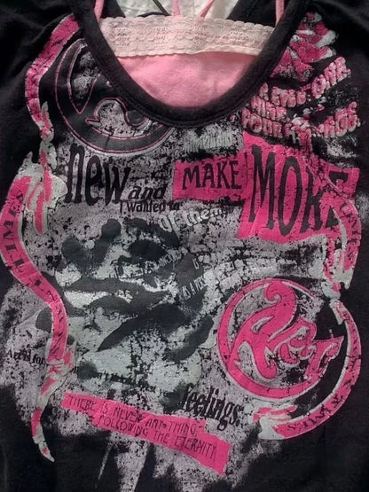 Black Subculture Punk Y2K Abi E-girl American Retro Print Fake Two-Piece Short Sleeve Top