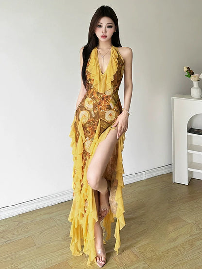 E-girl Gold Print V-Neck Halter Ruffle High-Slit Midi Dress