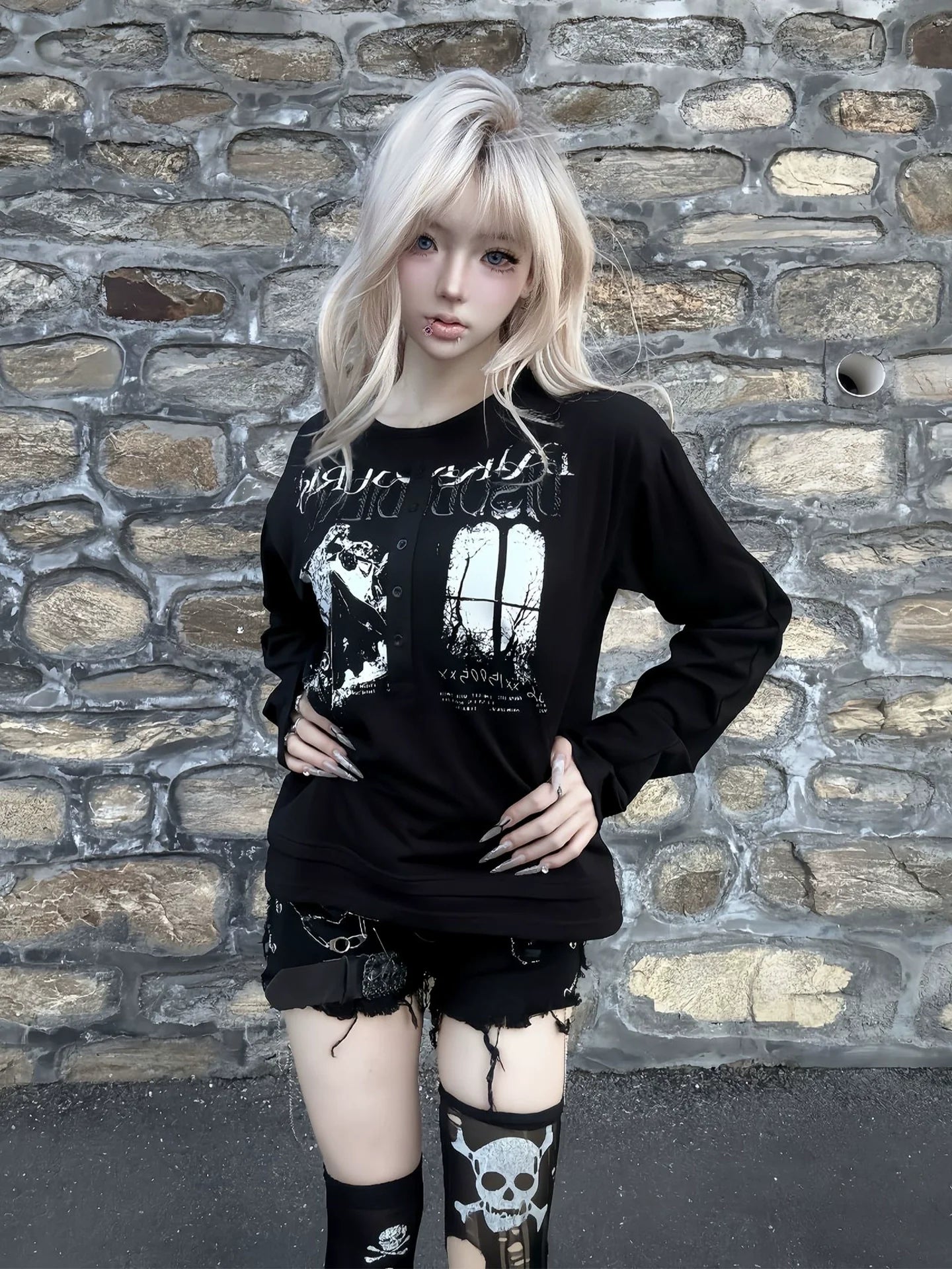 Punk Visual Kei Sheer Snowflake Henley Long Sleeve Layered Top