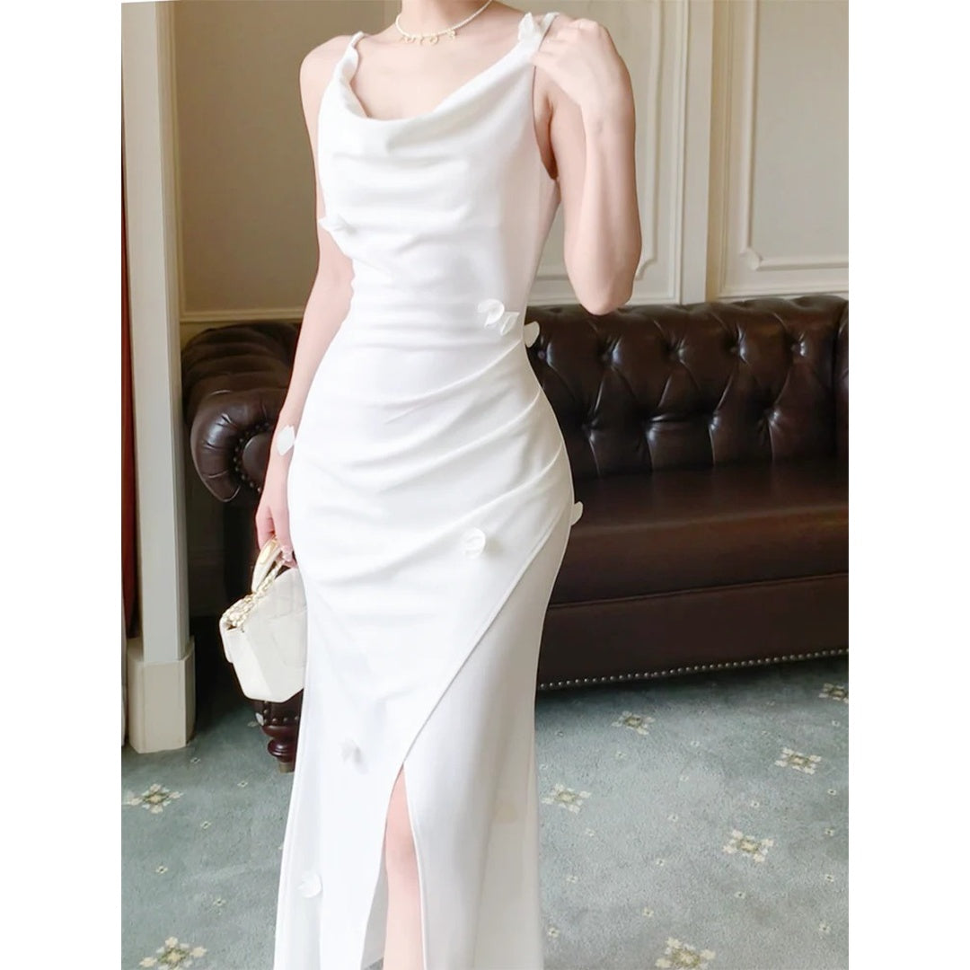 French Slim Fit Spaghetti Strap Slit Gown Dress