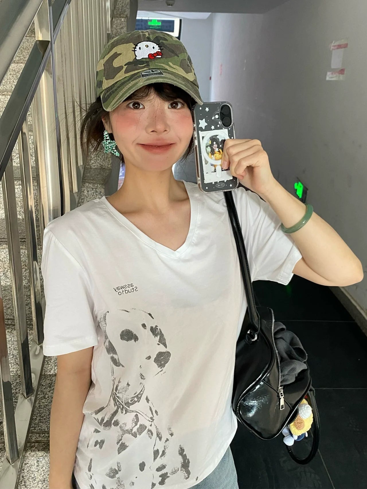 American Dalmatian Print V-Neck Tee White Loose Summer Top