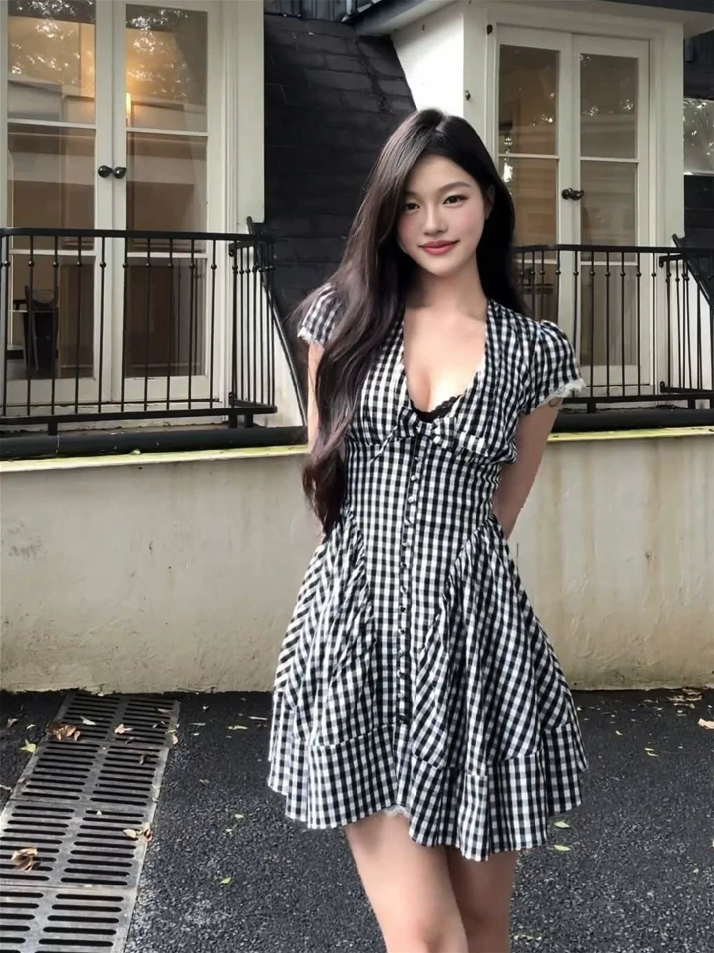 Black Plaid Deep V-Neck Lace-Trimmed Bubble-Sleeve Mini Dress