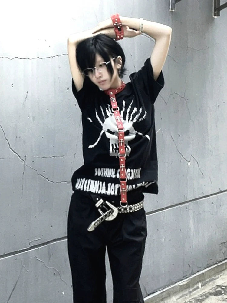 Y2K Black Polo Tee Skull Print Subculture Top