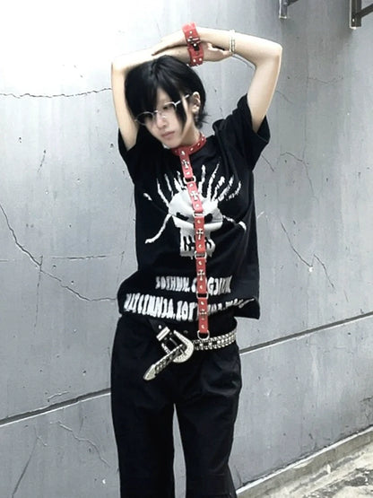 Y2K Black Polo Tee Skull Print Subculture Top