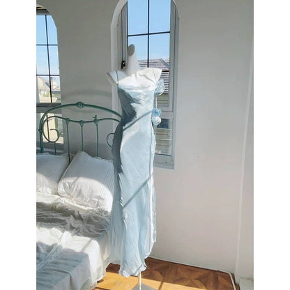 Moonlight Flower Elegant Double Layer Slit Spaghetti Strap Gown Dress