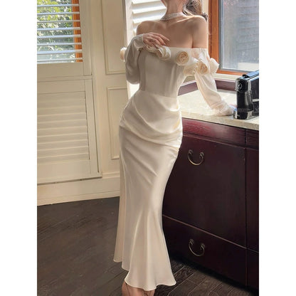 Satin Rose Embroidery Long Sleeve Gown Dress