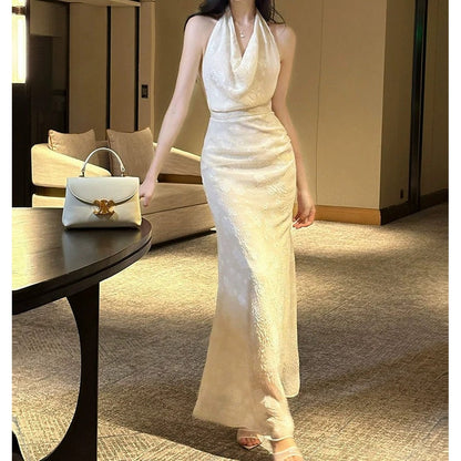 French Spaghetti Strap Draped Back Gown Dress