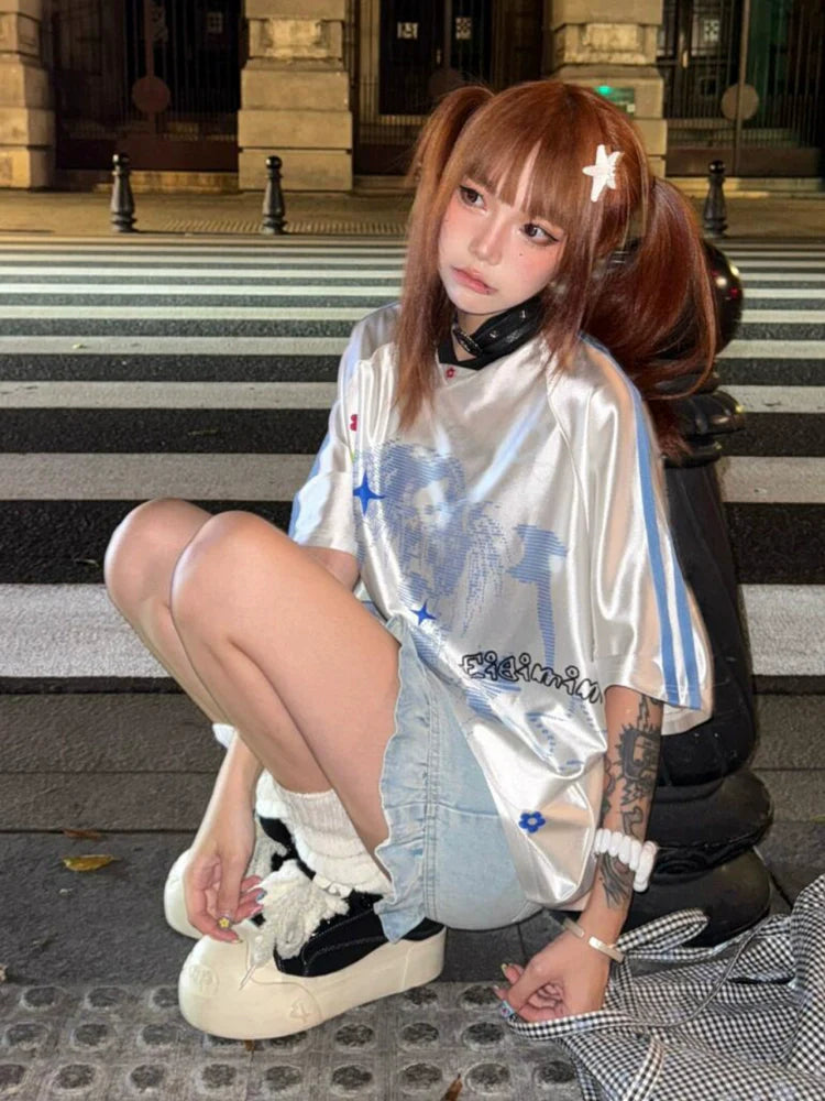 American Retro Jersey Tee Summer Anime Girl Print Loose V-Neck Top