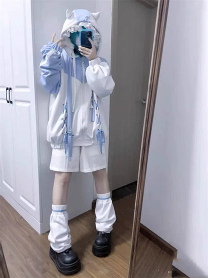 Blue White Y2K Soft Girl Zip-Up Hoodie