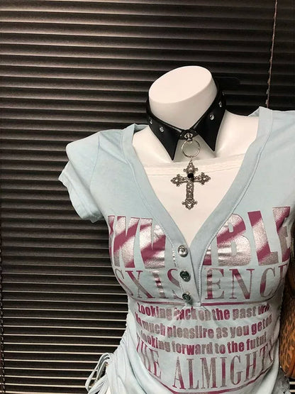 Blue Subculture Y2K E-girl Abi American Retro Drawstring Fake Two-Piece Vintage Short Sleeve Top