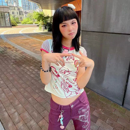 Tietie Girl (贴贴女孩) Subculture Y2K E-girl Retro Color-Block Cartoon Print Slim Short Top