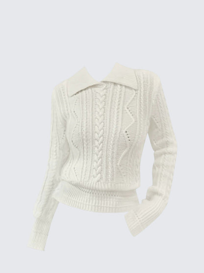 Korean White Cable Collar Sweater