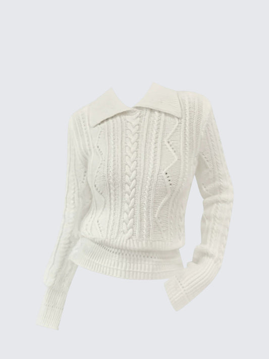 Korean White Cable Collar Sweater