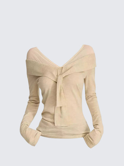 Off Shoulder Twist Mesh Knit T-shirt