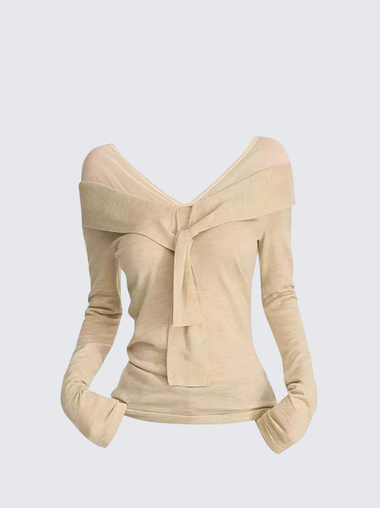 Off Shoulder Twist Mesh Knit T-shirt