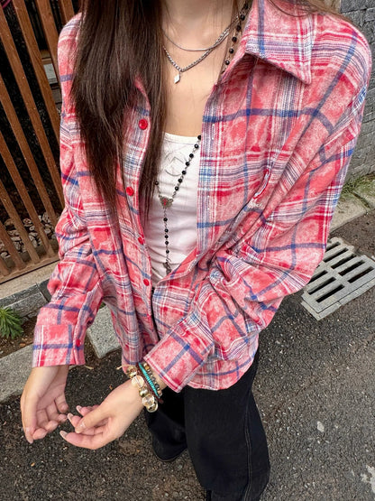 Retro Plaid Embroidered Shirt Apple Stitch Detail Overshirt