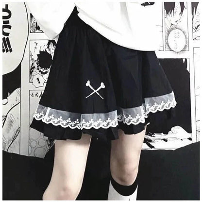 Black Y2K Embroidered Skull High-Waist Tulle Skirt