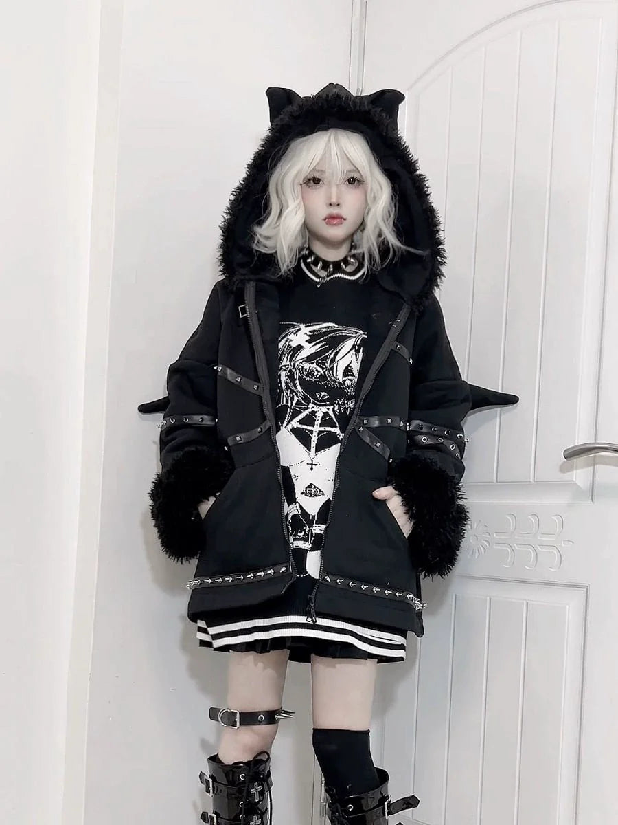 Black Y2K Punk Dark Bat Demon Rivet Hooded Puffer Jacket