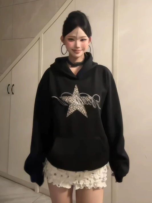 Heavyweight Black Leopard Star Hoodie Oversized Top