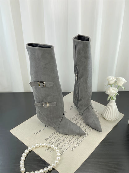 Fall Winter European Fashion Pointed Toe Wedge Knee High Buckle Suede Chunky Heel Spicy Girl Trouser Boots