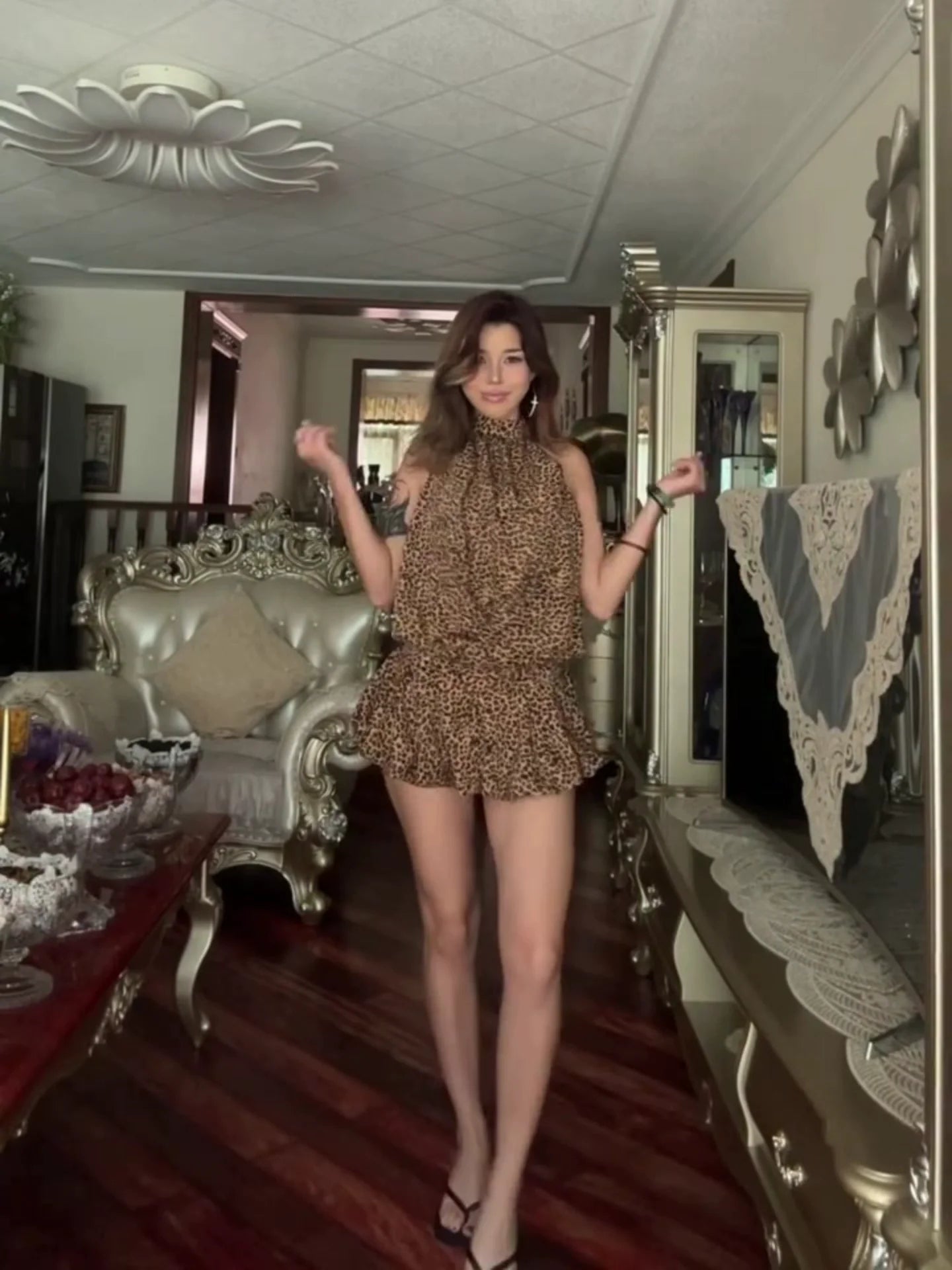 American Hot Girl Leopard Print Halter Backless Waist-Cinched Mini Dress