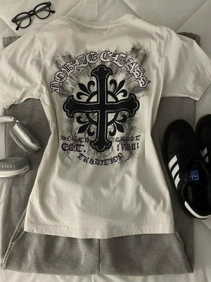 White Subculture Y2K E-girl Abi American Retro Vintage Print Short Sleeve Top