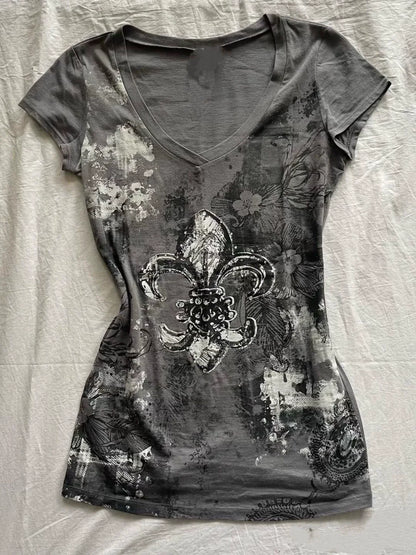 Gray Rock Punk American Vintage V-Neck Print Y2K T-Shirt