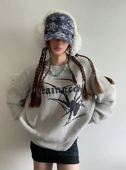 Gray Y2K Punk Light Subculture Retro Distressed Sweater