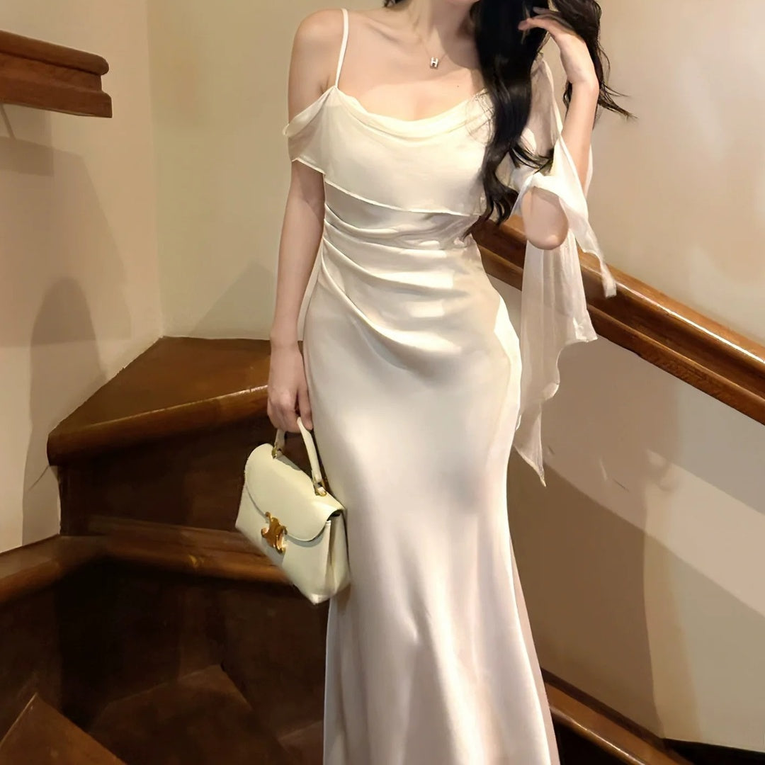 French Satin Spaghetti Strap Luxury Party Gown Dress