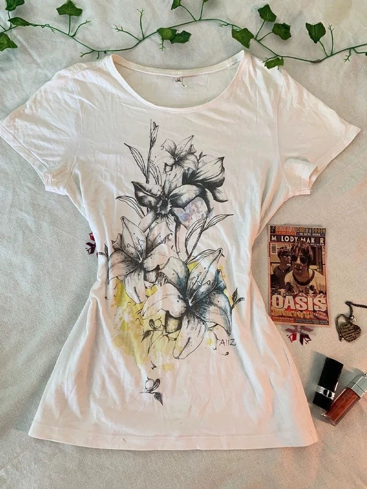 White Subculture Y2K E-girl Abi American Retro Ink Print Light Subculture Short Sleeve Top