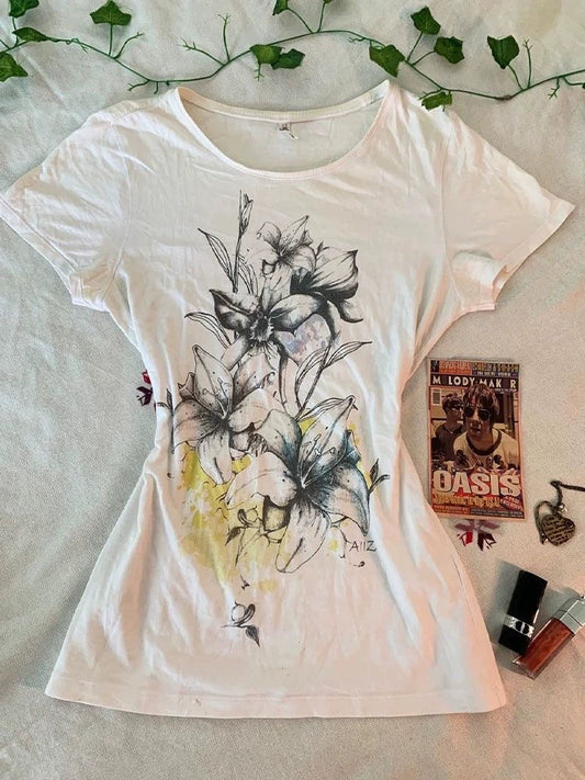 White Subculture Y2K E-girl Abi American Retro Ink Print Light Subculture Short Sleeve Top