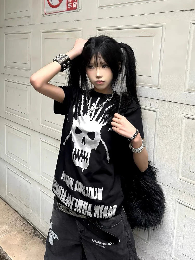 Black Rock Punk Skull & Letter Print Y2K T-Shirt