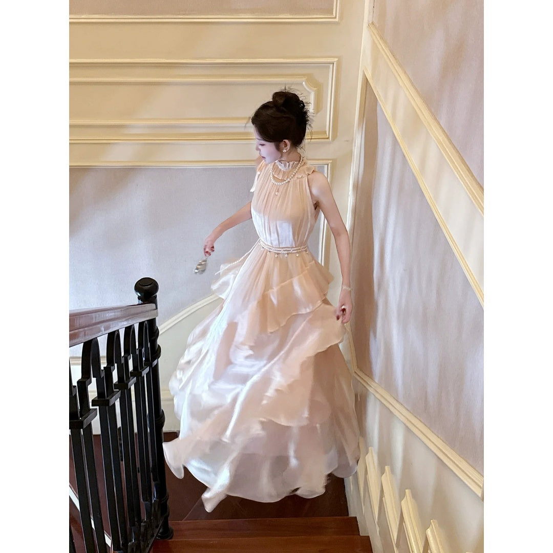 French Pink Ruffle Sleeveless Gown Dress