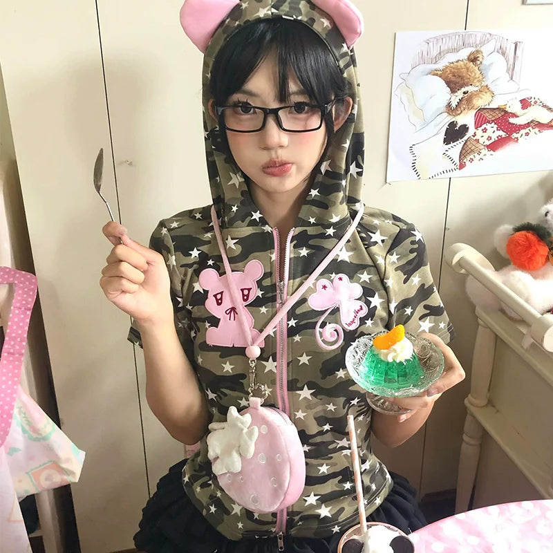 Y2K Bear Ears Hoodie Tee Camouflage Zip-Up Cropped Top